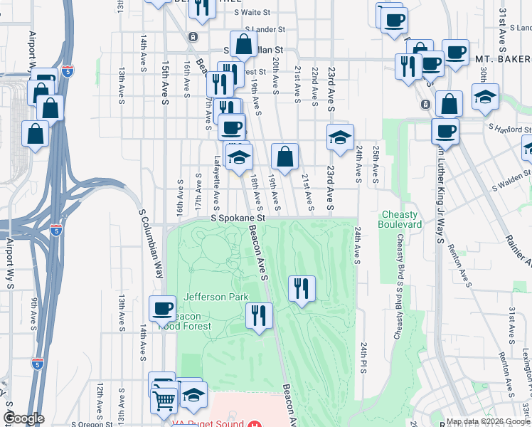 map of restaurants, bars, coffee shops, grocery stores, and more near 3419 19th Avenue South in Seattle