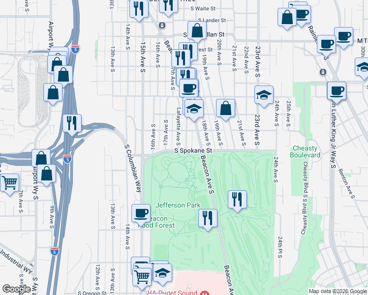 map of restaurants, bars, coffee shops, grocery stores, and more near 3419 Alamo Place South in Seattle