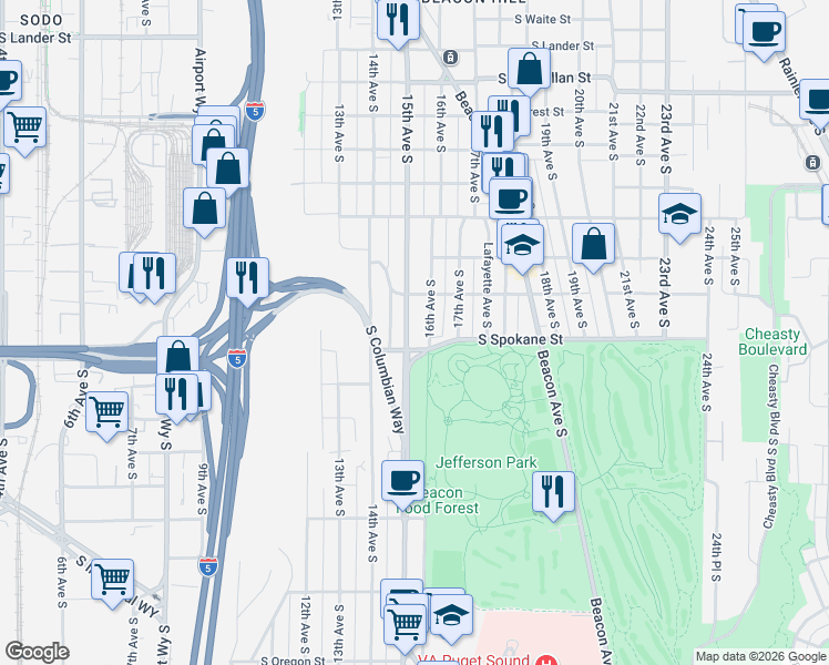map of restaurants, bars, coffee shops, grocery stores, and more near 3418 15th Avenue South in Seattle
