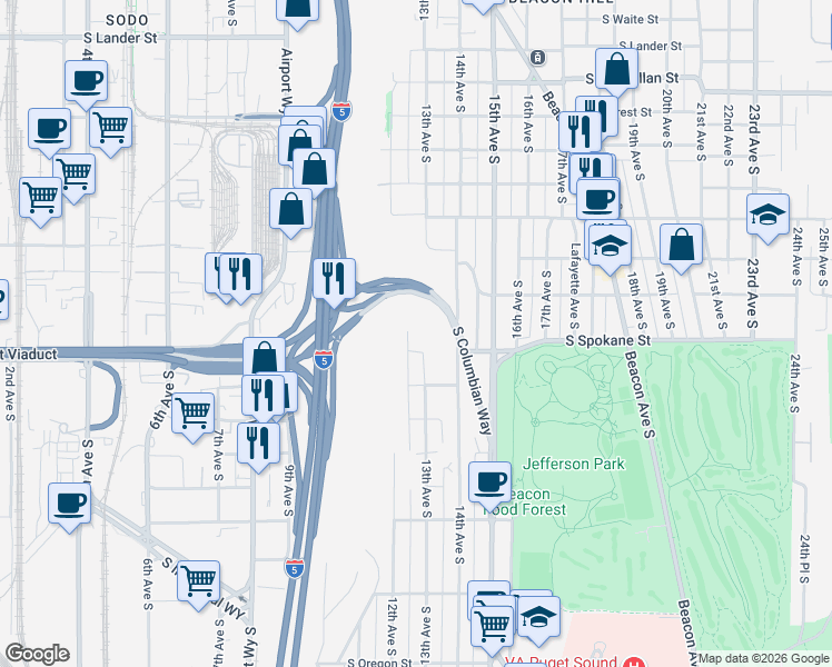 map of restaurants, bars, coffee shops, grocery stores, and more near 3512 Hahn Place South in Seattle