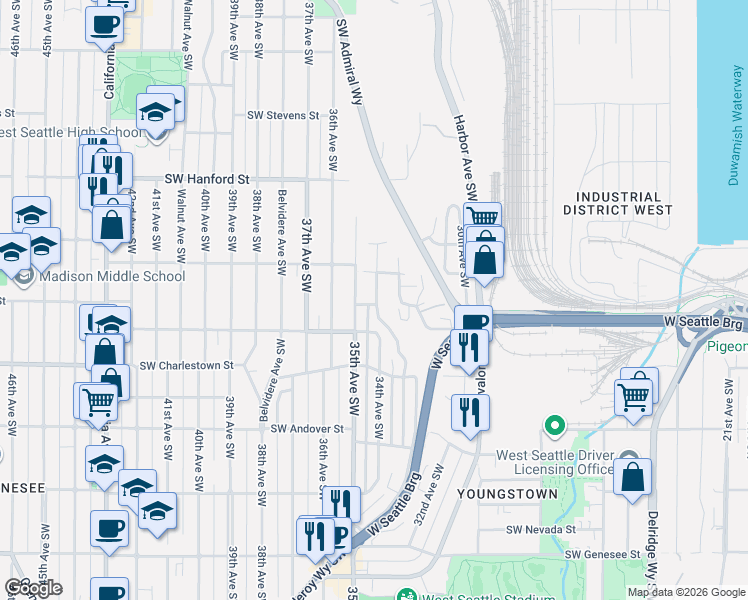 map of restaurants, bars, coffee shops, grocery stores, and more near 3412 35th Avenue Southwest in Seattle