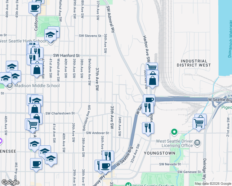 map of restaurants, bars, coffee shops, grocery stores, and more near 3412 35th Avenue Southwest in Seattle