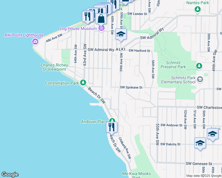 map of restaurants, bars, coffee shops, grocery stores, and more near 3452 60th Avenue Southwest in Seattle