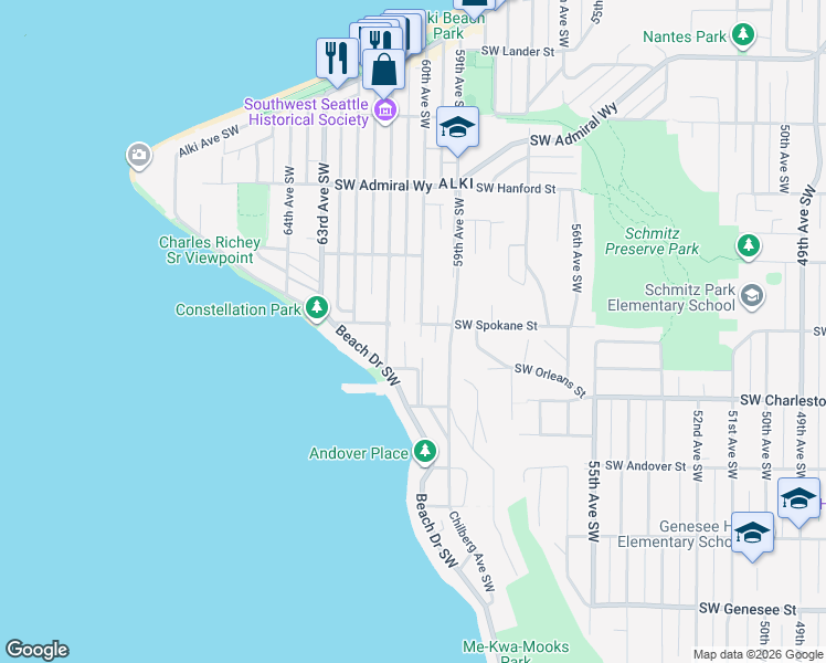 map of restaurants, bars, coffee shops, grocery stores, and more near 3452 61st Avenue Southwest in Seattle