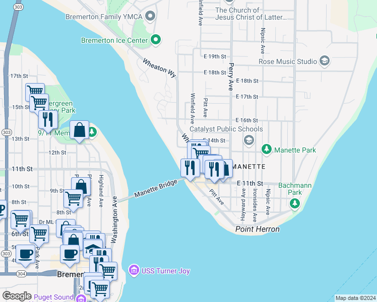 map of restaurants, bars, coffee shops, grocery stores, and more near 1307 Wheaton Way in Bremerton
