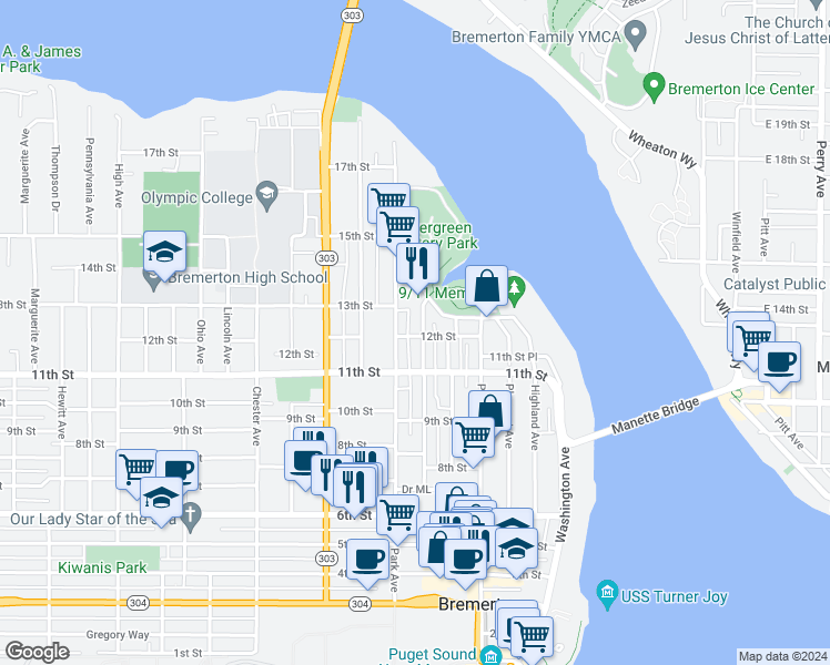 map of restaurants, bars, coffee shops, grocery stores, and more near 1215 McKenzie Avenue in Bremerton