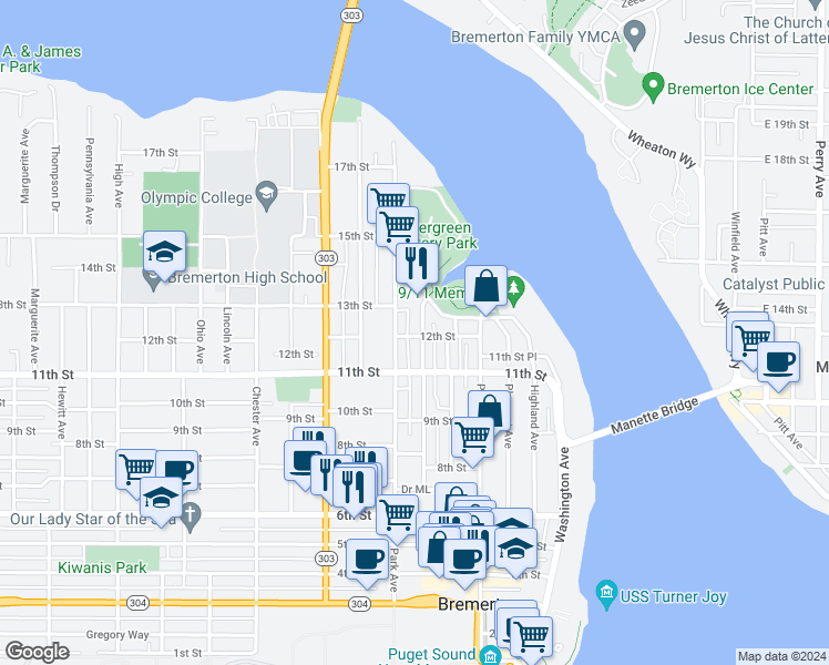 map of restaurants, bars, coffee shops, grocery stores, and more near 704 12th Street in Bremerton