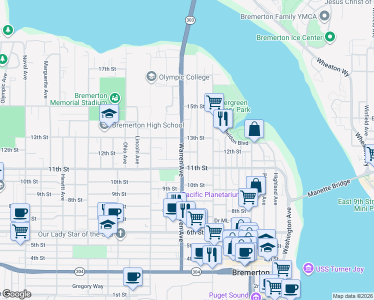 map of restaurants, bars, coffee shops, grocery stores, and more near 1218 Warren Avenue in Bremerton