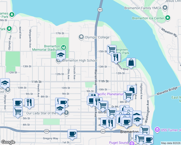 map of restaurants, bars, coffee shops, grocery stores, and more near 1230 Broadway Avenue in Bremerton
