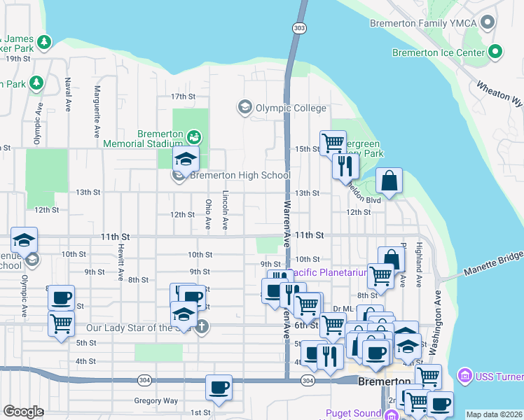 map of restaurants, bars, coffee shops, grocery stores, and more near 1230 Broadway Avenue in Bremerton