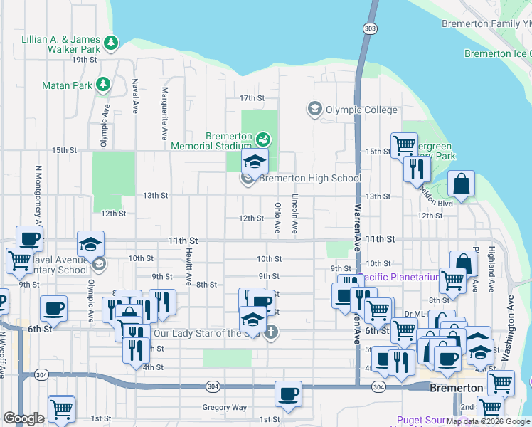map of restaurants, bars, coffee shops, grocery stores, and more near 1411 13th Street in Bremerton