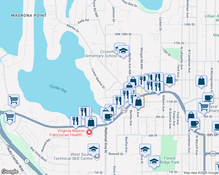 map of restaurants, bars, coffee shops, grocery stores, and more near 1116 Lower Marine Drive in Bremerton
