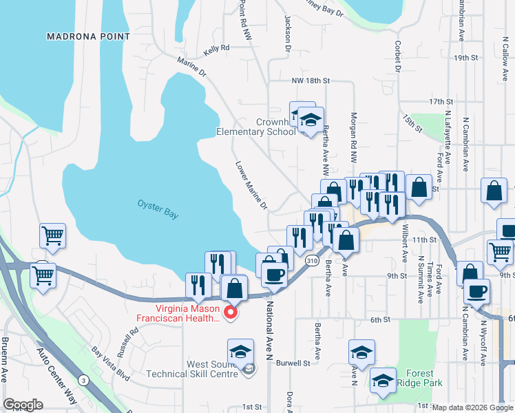 map of restaurants, bars, coffee shops, grocery stores, and more near 1140 Lower Marine Drive in Bremerton