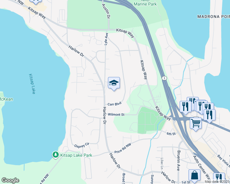 map of restaurants, bars, coffee shops, grocery stores, and more near 1111 Carr Boulevard in Bremerton