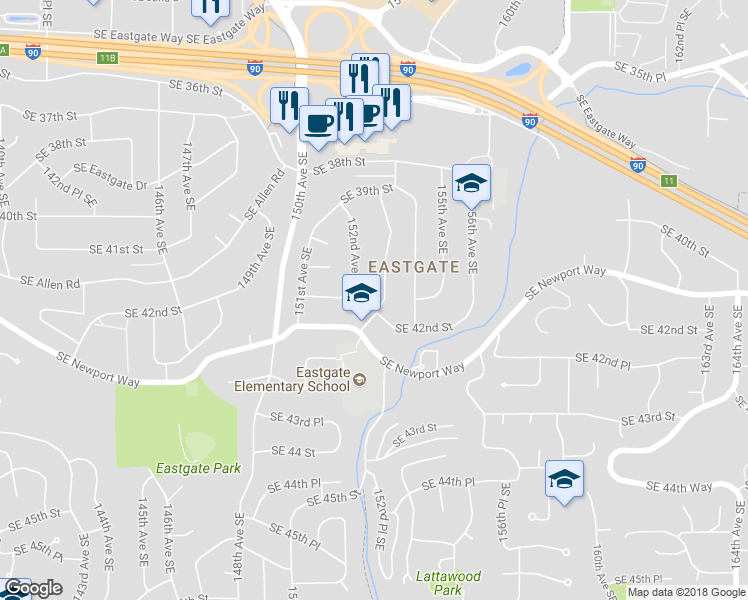 map of restaurants, bars, coffee shops, grocery stores, and more near 4131 153rd Avenue Southeast in Bellevue