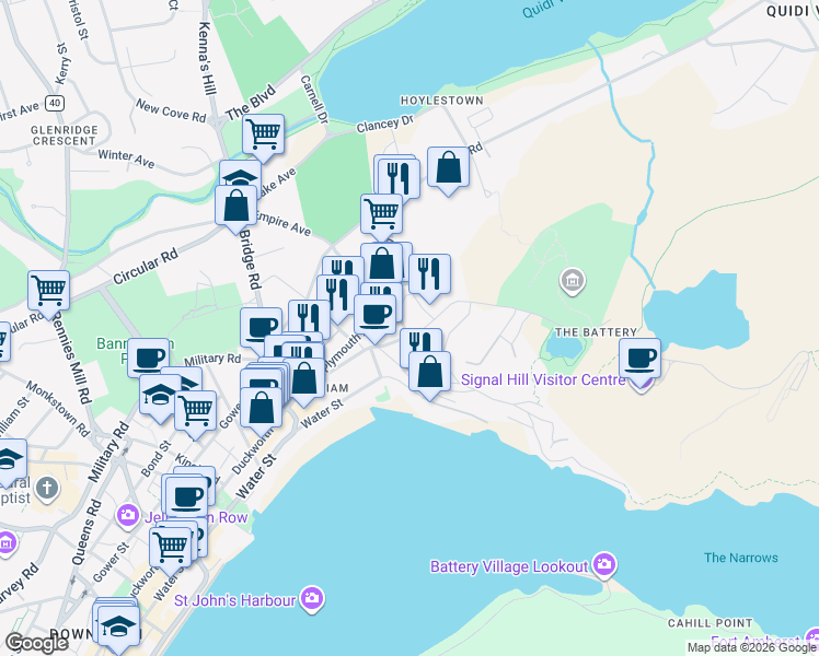 map of restaurants, bars, coffee shops, grocery stores, and more near 2 Saint Joseph's Lane in St. John's