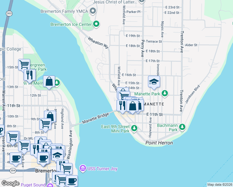 map of restaurants, bars, coffee shops, grocery stores, and more near 1307 Wheaton Way in Bremerton