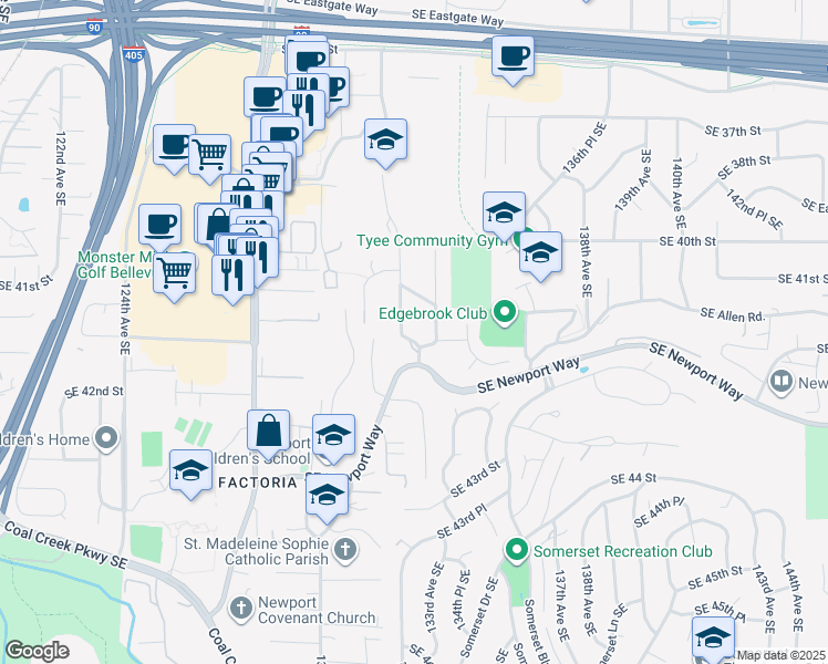map of restaurants, bars, coffee shops, grocery stores, and more near 4159 134th Avenue Southeast in Bellevue