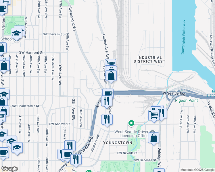 map of restaurants, bars, coffee shops, grocery stores, and more near 3411 30th Avenue Southwest in Seattle
