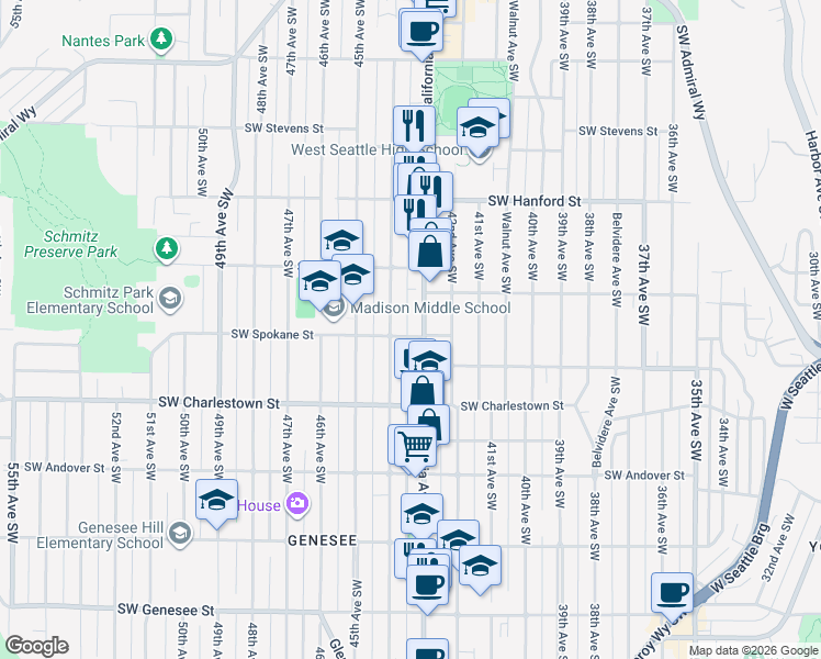 map of restaurants, bars, coffee shops, grocery stores, and more near 3442 44th Avenue Southwest in Seattle