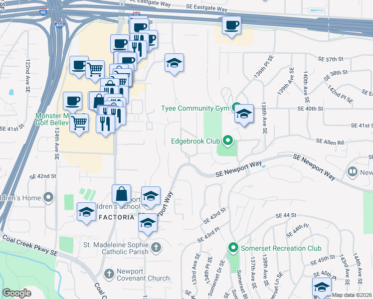 map of restaurants, bars, coffee shops, grocery stores, and more near 4159 134th Avenue Southeast in Bellevue