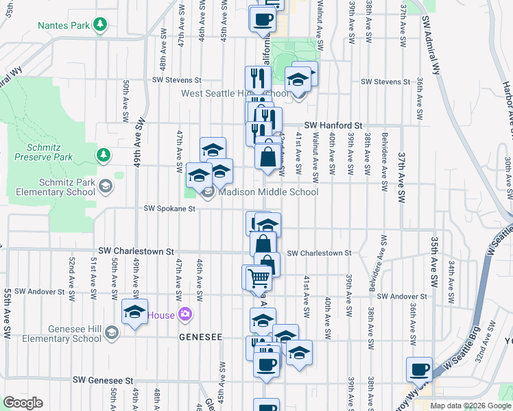 map of restaurants, bars, coffee shops, grocery stores, and more near 3442 44th Avenue Southwest in Seattle