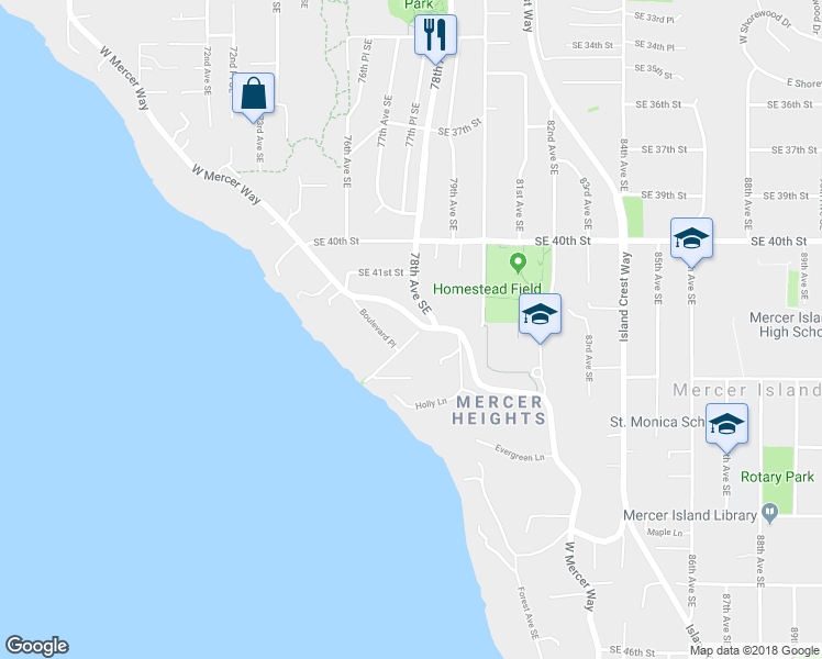 map of restaurants, bars, coffee shops, grocery stores, and more near 4170 Boulevard Place in Mercer Island