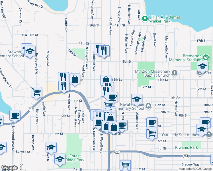 map of restaurants, bars, coffee shops, grocery stores, and more near 133 North Callow Avenue in Bremerton