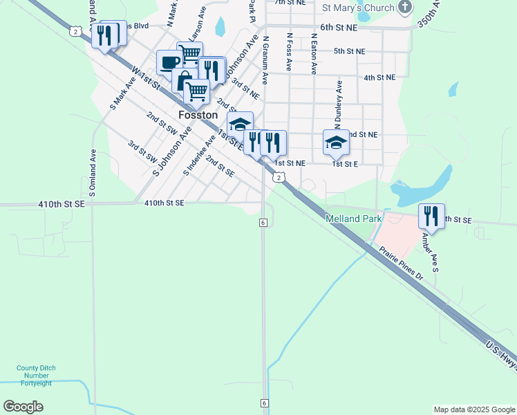 map of restaurants, bars, coffee shops, grocery stores, and more near 208 South Granum Avenue in Fosston