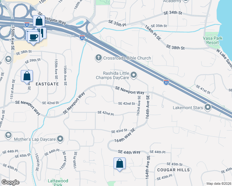 map of restaurants, bars, coffee shops, grocery stores, and more near 4120 161st Avenue Southeast in Bellevue