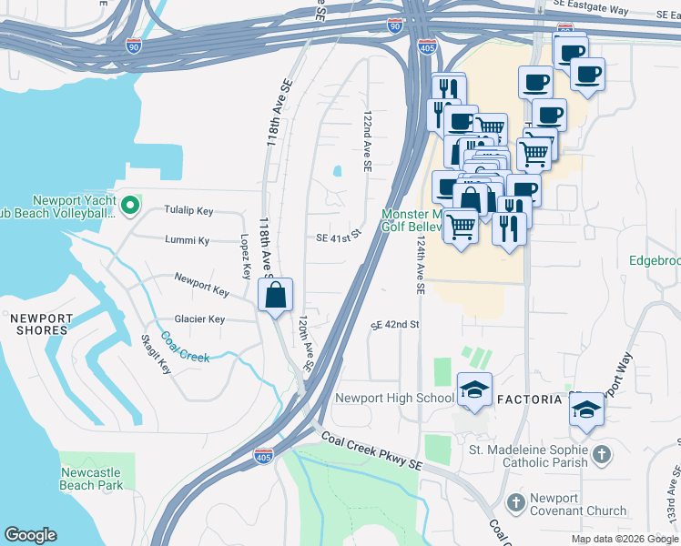map of restaurants, bars, coffee shops, grocery stores, and more near 12045 Southeast 42nd Street in Bellevue