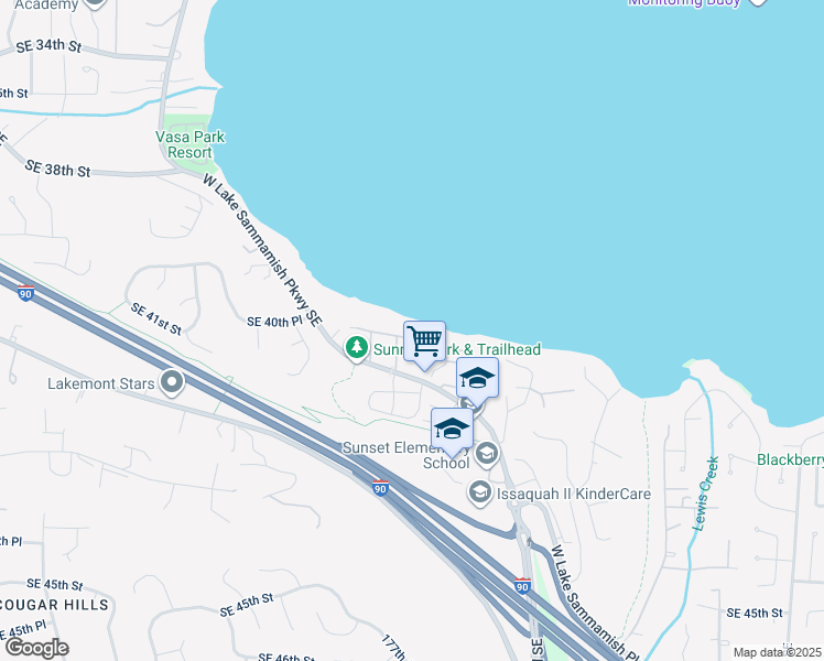 map of restaurants, bars, coffee shops, grocery stores, and more near 17624 Southeast 40th Place in Bellevue