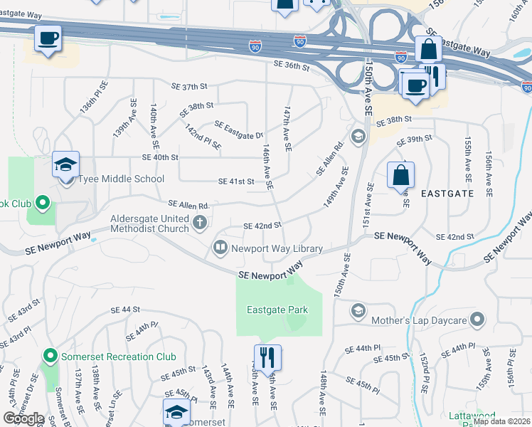 map of restaurants, bars, coffee shops, grocery stores, and more near 14449 Southeast Allen Road in Bellevue
