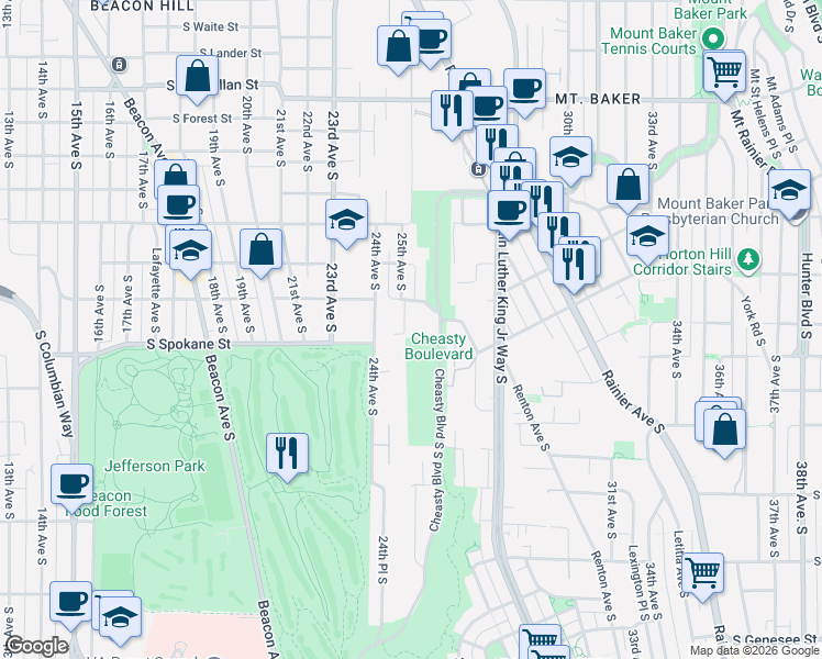 map of restaurants, bars, coffee shops, grocery stores, and more near 3421 25th Avenue South in Seattle