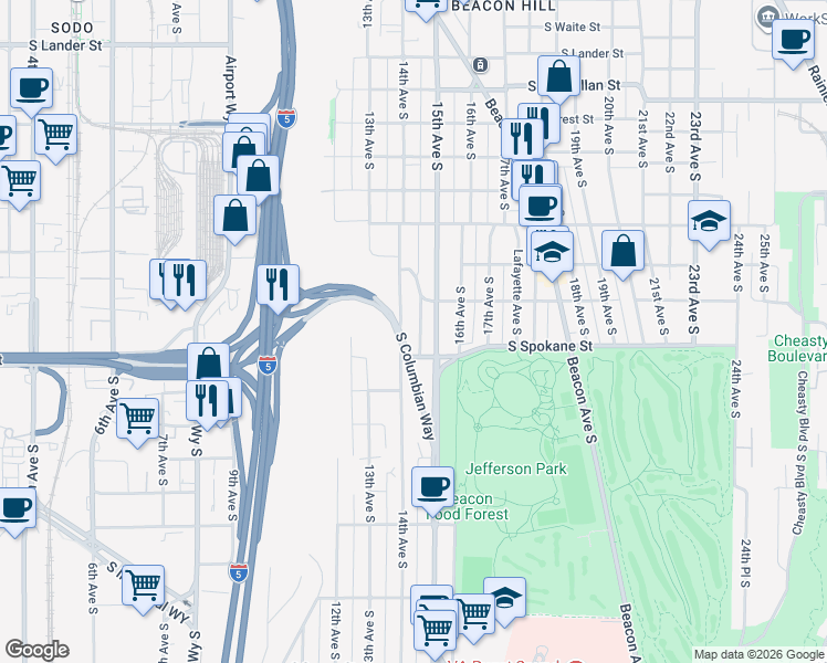 map of restaurants, bars, coffee shops, grocery stores, and more near 3440 14th Avenue South in Seattle