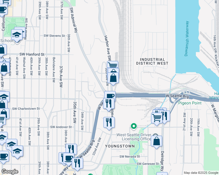 map of restaurants, bars, coffee shops, grocery stores, and more near 3411 30th Avenue Southwest in Seattle