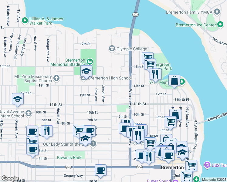 map of restaurants, bars, coffee shops, grocery stores, and more near 1220 Chester Avenue in Bremerton