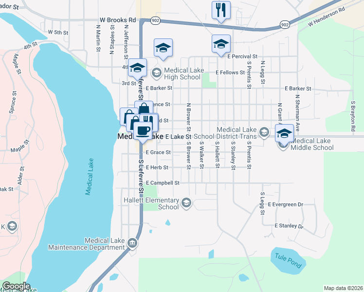 map of restaurants, bars, coffee shops, grocery stores, and more near 304 East Lake Street in Medical Lake