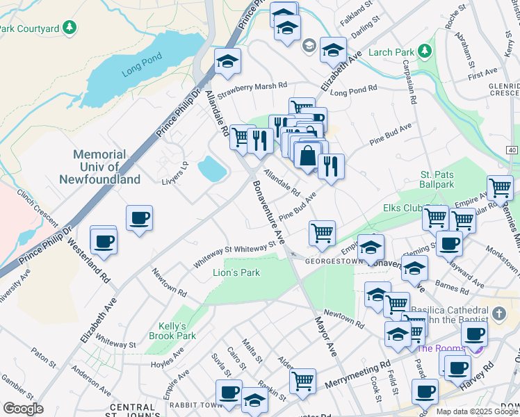 map of restaurants, bars, coffee shops, grocery stores, and more near 117 Bonaventure Avenue in St. John's