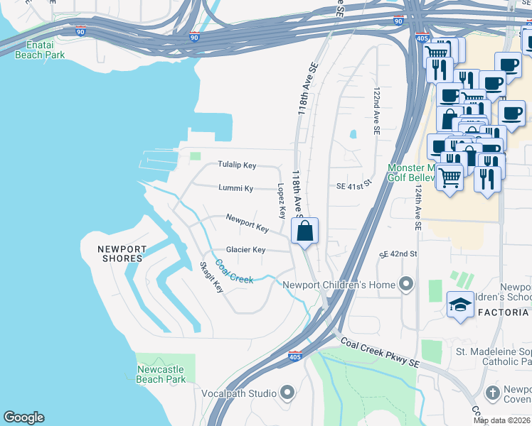 map of restaurants, bars, coffee shops, grocery stores, and more near 20 Sucia Key in Bellevue