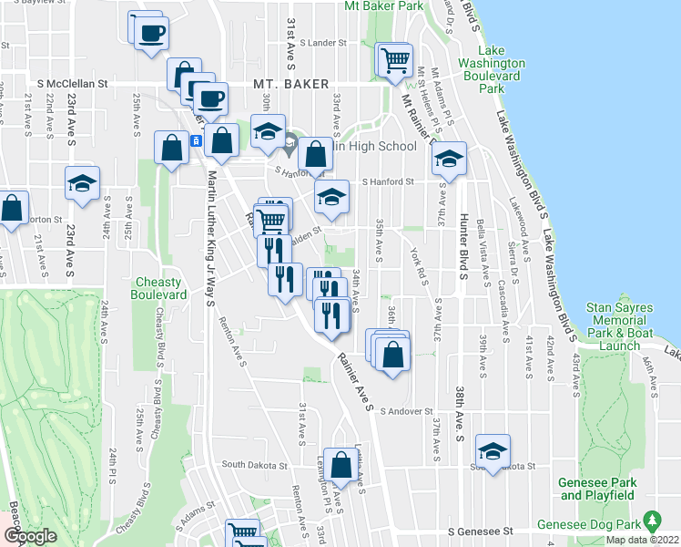 map of restaurants, bars, coffee shops, grocery stores, and more near 3403 34th Avenue South in Seattle