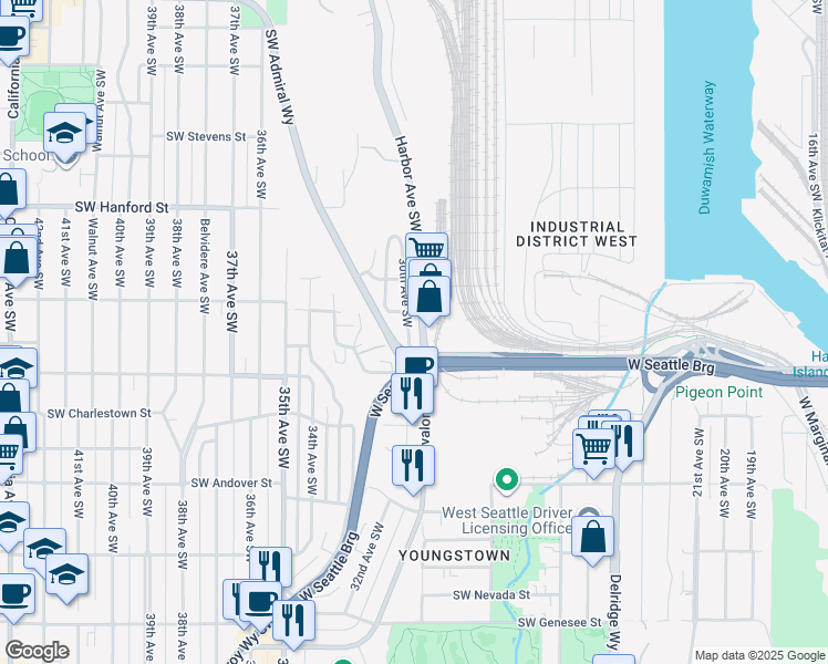 map of restaurants, bars, coffee shops, grocery stores, and more near 3411 30th Avenue Southwest in Seattle