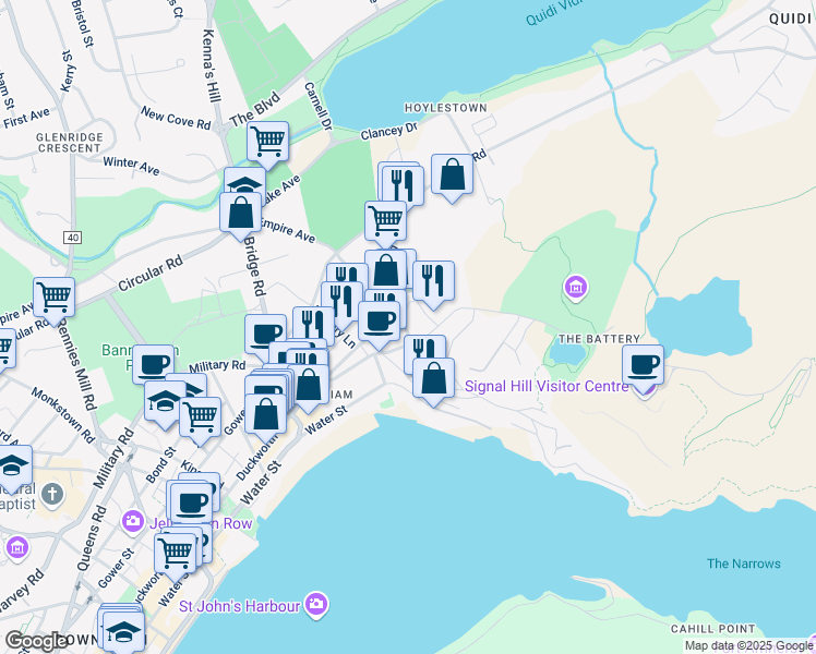 map of restaurants, bars, coffee shops, grocery stores, and more near 12 Saint Joseph's Lane in St. John's