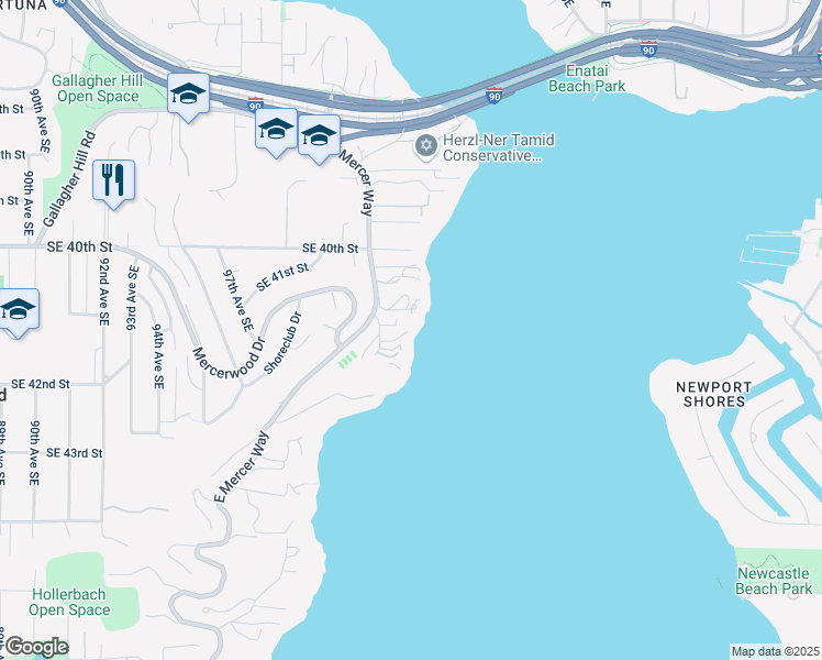 map of restaurants, bars, coffee shops, grocery stores, and more near 4060 East Mercer Way in Mercer Island