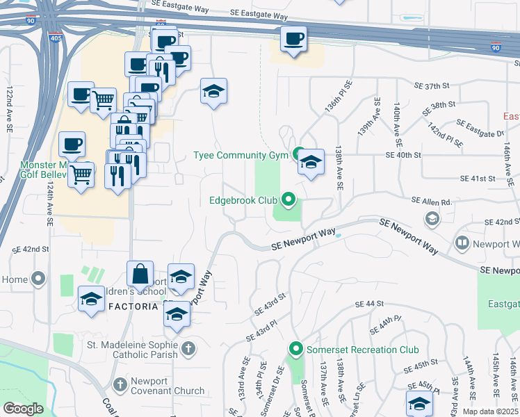 map of restaurants, bars, coffee shops, grocery stores, and more near 4111 135th Place Southeast in Bellevue