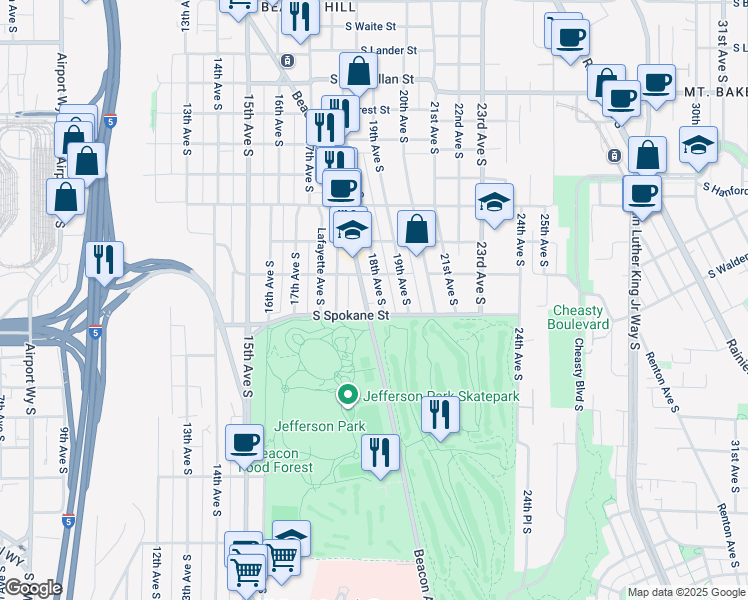 map of restaurants, bars, coffee shops, grocery stores, and more near 3424 Beacon Avenue South in Seattle