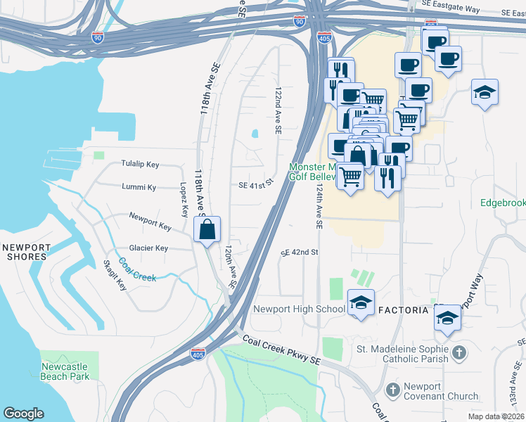 map of restaurants, bars, coffee shops, grocery stores, and more near 12045 Southeast 42nd Street in Bellevue