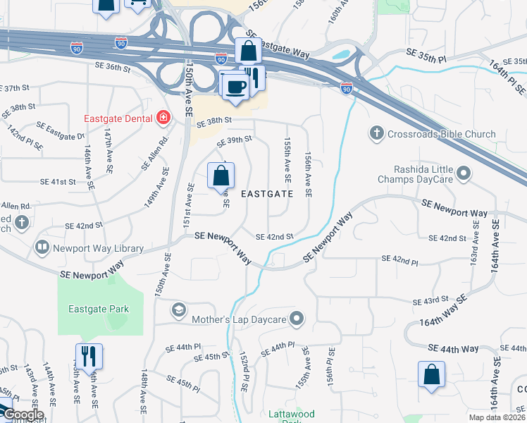map of restaurants, bars, coffee shops, grocery stores, and more near 4119 154th Avenue Southeast in Bellevue