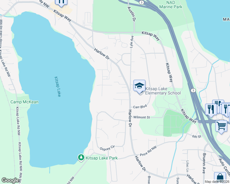 map of restaurants, bars, coffee shops, grocery stores, and more near 6108 Lakemont Lane in Bremerton