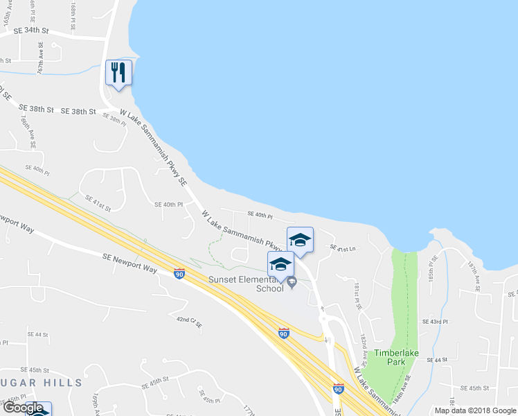 map of restaurants, bars, coffee shops, grocery stores, and more near 17714 Southeast 40th Place in Bellevue